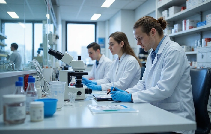 A clean, modern laboratory environment with scientific equipment and researchers in lab coats, symbolizing quality control and research.