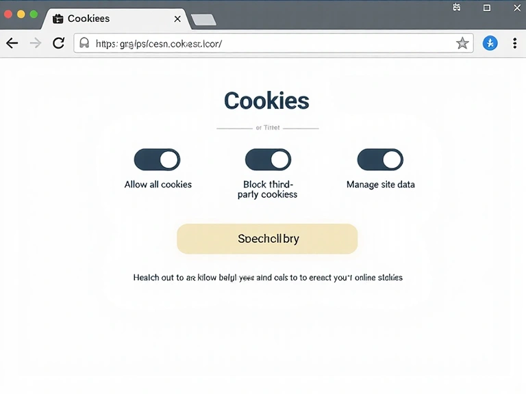 Digital illustration of a web browser's cookie settings interface, with options to manage and block cookies, representing user control over privacy.