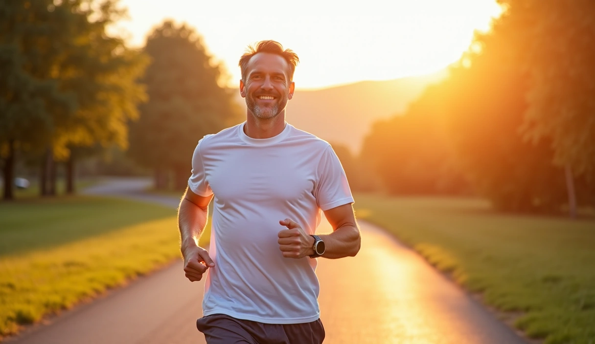 A man in his 40s jogging outdoors, looking fit and energetic, with a bright, natural background, symbolizing healthy lifestyle and energy.