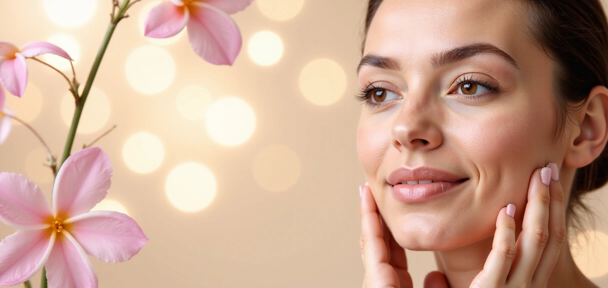 Elegant woman with flawless skin, serene expression, surrounded by soft light and delicate floral elements, symbolizing natural beauty and effective skincare.